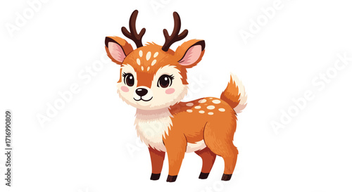 Charming cartoon depiction of a young deer fawn with fluffy tail and big eyes isolated on a white background, perfect for children's book