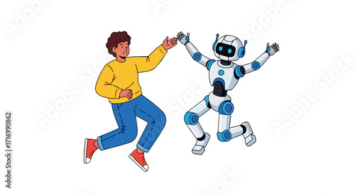 Human and Robot Celebrating a Technological Achievement, High-Fiving in Shared Accomplishment and Enthusiasm as futuristic partners