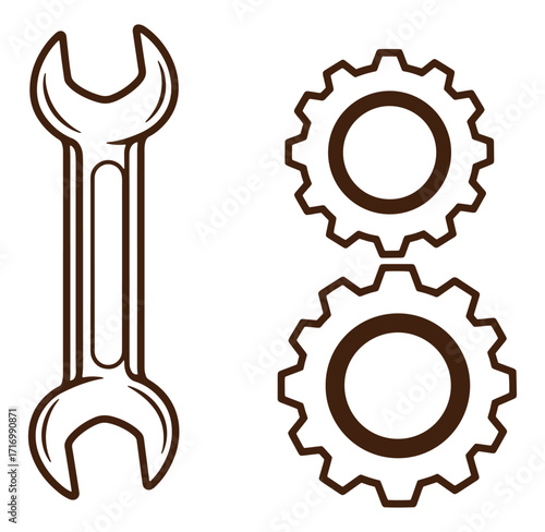 Vector illustration of a wrench and gears representing mechanical engineering and repair