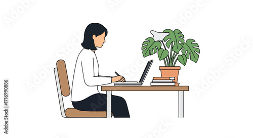 Focused freelancer at desk: a minimalistic workspace featuring a woman, laptop, and Monstera plant indicating digital creative activity and remote
