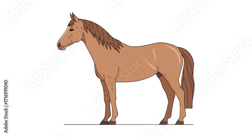 Illustration of a majestic brown horse standing gracefully on a white background showcasing its unique form and gentle nature