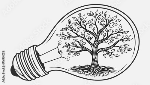 Tree growing inside a lightbulb representing ecofriendly energy and sustainable ideas.