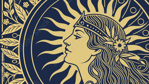 Art Nouveau Illustration of a Sun Goddess Queen.