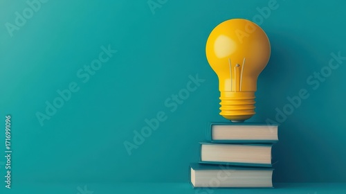 Creative concept featu a yellow lightbulb with a smooth rounded shape placed on top of four stacked books against a vibrant turquoise background symbolizing ideas and innovation in education