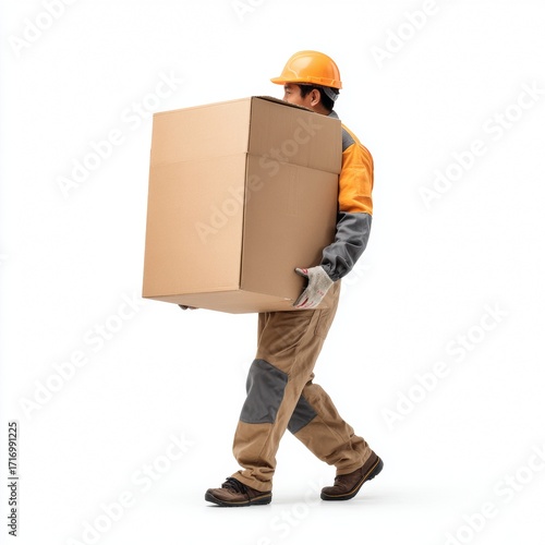 A construction worker carrying a large cardboard box. The worker is wearing safety gear and moving to relocate the box