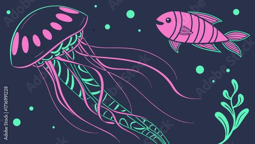 Vibrant jellyfish and fish swimming in a dark ocean.