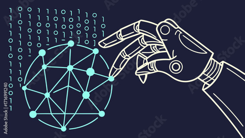 Robotic hand interacting with a glowing digital network sphere.
