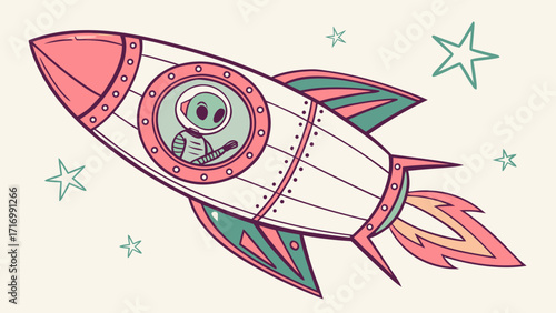 Alien Astronaut in Retro Rocket Ship.