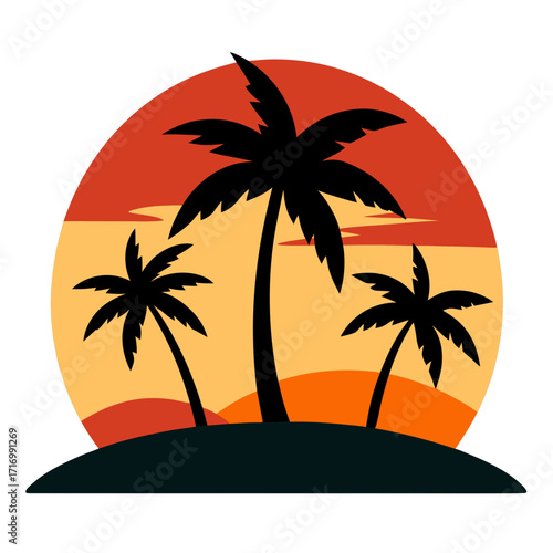 Tropical Island Palm Trees Sunset Landscape Vector Illustration