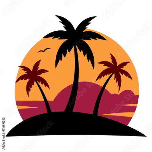 Tropical Island Palm Trees Sunset Landscape Vector Illustration