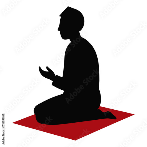 Silhouette Muslim Man Praying on Prayer Mat Vector Illustration