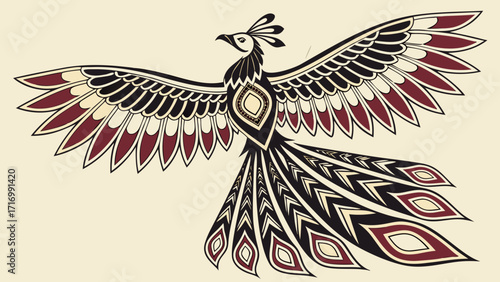 Stylized Phoenix with Intricate Feather Details and Ornamental Design.