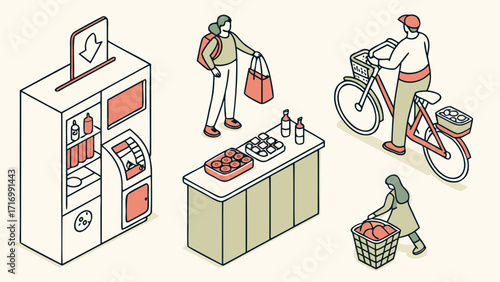 Isometric illustration of various activities and objects in daily life.
