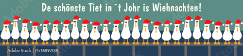 Weihnachten Banner mit Möwen mit Weihnachtsmützen in einer Reihe auf einer Reling. Plattdeutscher Weihnachtsgruß für Ostfriesland. Vektor Illustration flach Cartoons