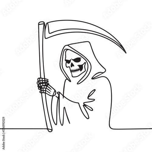 Continuous Simple black line art drawing of a Grim reaper in a minimalist style on a white background.