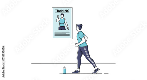Illustrated character in training attire jogging past a fitness program poster motivational wellness routine exercise schedule healthy lifestyle