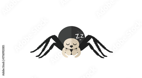 Adorable slumber spider, a whimsical flat design illustration capturing a sweet, sleepy arachnid character with a minimalist aesthetic spider web