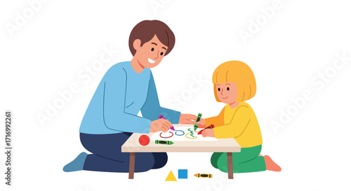 Colorful Creativity: Mother and Child Sharing Joyful Artistic Moments Together Through Drawing on White Paper At A Little Table