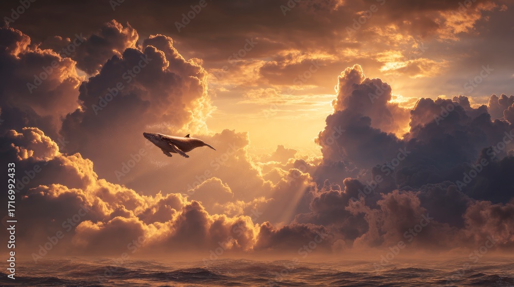Obraz premium Flying craft through cloudscape sunset