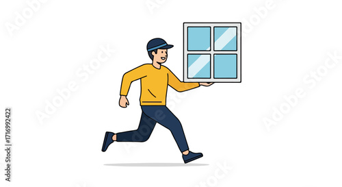Dynamic window delivery: An animated character rushing with a window in hand demonstrating speed and reliable service representation