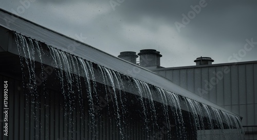 Heavy rain falling off building roof