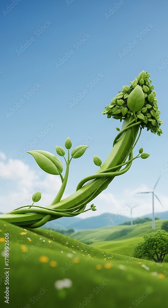 Obraz premium A vibrant, stylized representation of a stylized plant reaching upward, against a backdrop of rolling hills and a clear sky, conveying a sense of growth and sustainability.