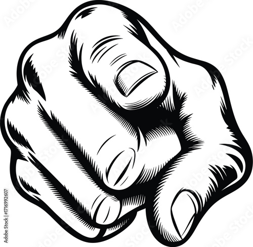 Stylized hand pointing at viewer in bold monochrome sketch, perfect for recruitment, motivation, retro posters, and graphic design themes.