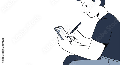 Illustration of a focused young man using a stylus pen to interact with his modern smartphone device showing workflow concept in detailed flat style