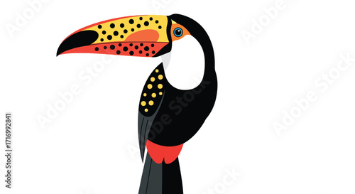 Isolated toucan illustration with bold colors on white background, showcasing exotic bird design, vibrant plumage and artistic simplicity