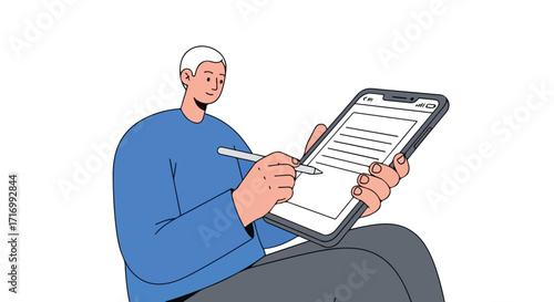 Digital era illustration: A man using a stylus pen on a smartphone for writing, creating, or signing documents in a modern context