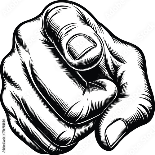 Vintage hand pointing directly outward in bold black and white sketch style, ideal for motivation, recruitment, poster, and retro design.