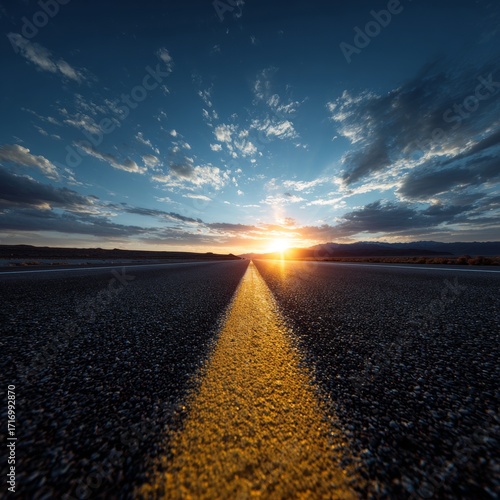 A lone road disappearing into the beautiful sunset sky. The asphalt road is marked with a yellow line, enhancing the feeling of leading to somewhere.