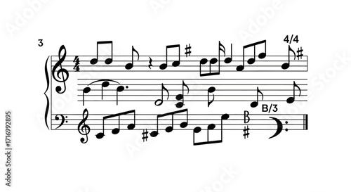 Black and White Sheet Music Snippet Vector Illustration, Musical Score with Notes on a Grand Staff, Detailed Piano Music Composition with Clefs and Harmony


