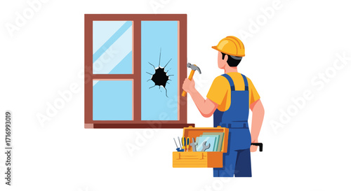 Professional glazier fixing broken window with tools and expertise for home maintenance and repair showcasing damage resolution and restoration
