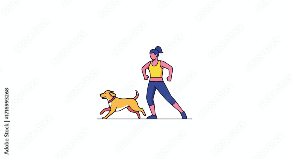Obraz premium Illustrative woman exercising with her dog for a healthy lifestyle, promoting well-being and companionship through physical activity outdoors near
