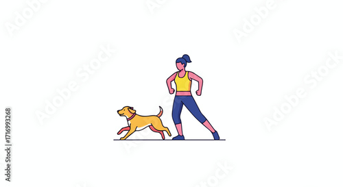 Illustrative woman exercising with her dog for a healthy lifestyle, promoting well-being and companionship through physical activity outdoors near