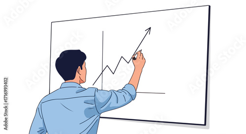 Illustration of a man drawing a rising graph on a whiteboard emphasizing business growth and successful financial performance strategies