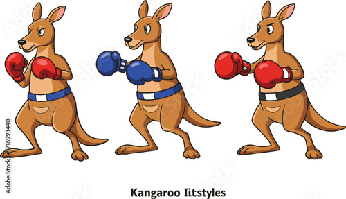 Cartoon kangaroos boxing, animal sports illustration, fighting stance, wildlife character design, vector art, tropical habitat, competitive match, fun concept, Australian nature theme