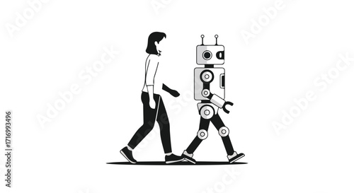 Silhouette of a woman and a robot walking side by side embodying the future of technology and human interaction, presented on a stark white background