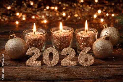 A cozy and festive background with a group of candles featuring numbers on them, placed on a wooden table.