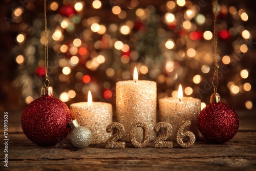 A cozy festive background with a candle and two Christmas balls placed on a wooden table, creating a warm and inviting holiday atmosphere.