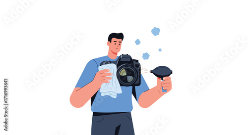 Photographer meticulously cleans camera with blower and cloth for optimal image quality and equipment care procedure showing dedication to