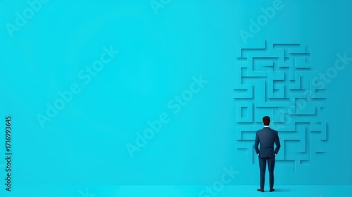 Professional man in business suit standing in front of large maze puzzle on vibrant blue wall with perspective view and minimalistic background for corporate strategy
