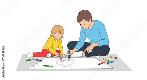 Father and daughter engaging in artistic creativity with drawing materials and colorful crayons on a spacious white surface together happily and