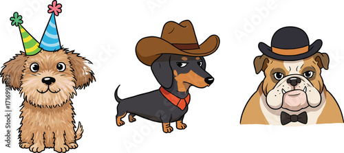 Cartoon dogs in themed outfits, party hat, cowboy hat, bowler hat, cute pet illustration, animal characters, vector art, playful design, humor