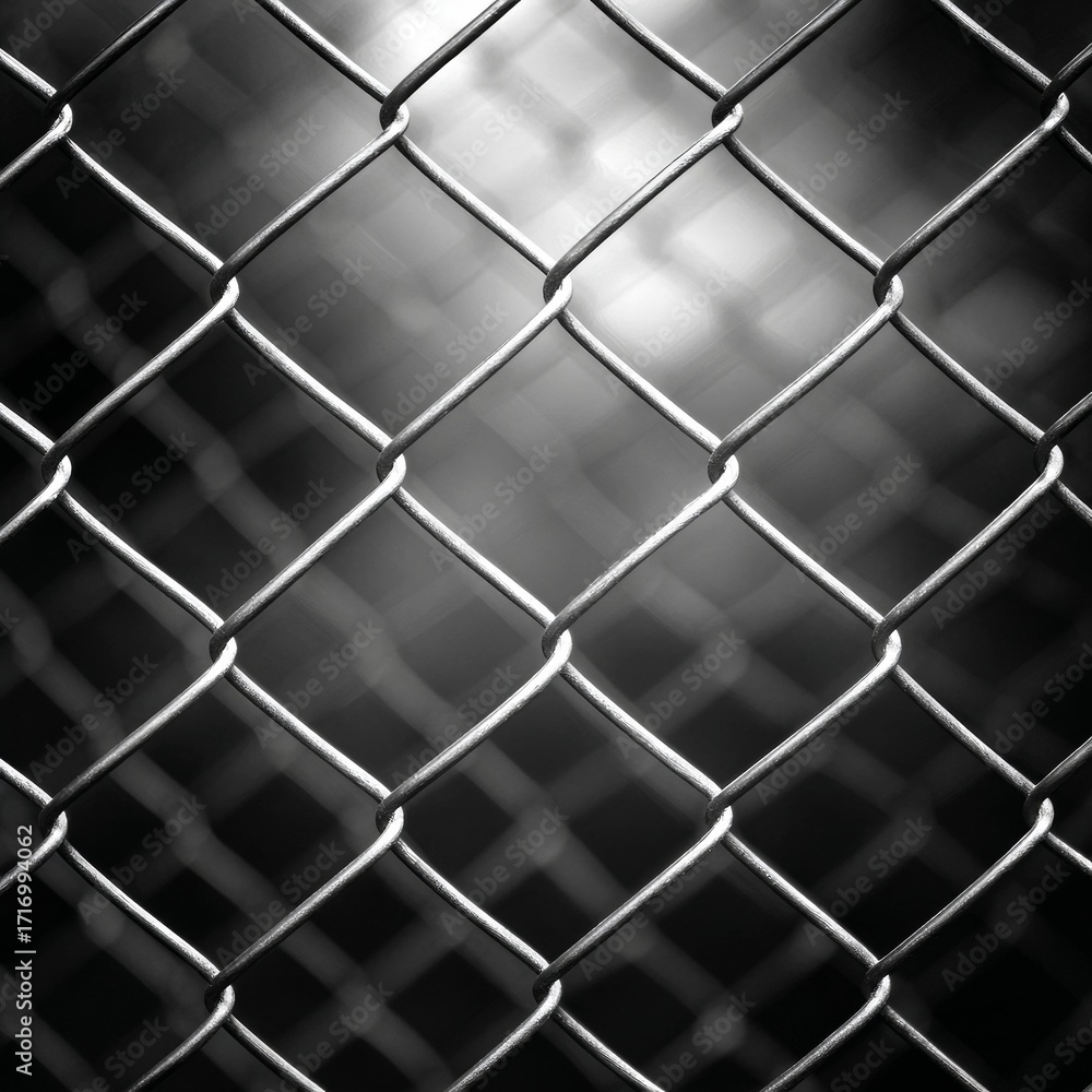 Fototapeta premium Close-up view of a metallic chain-link fence, with a blurred background, showing detail, texture, and pattern. 