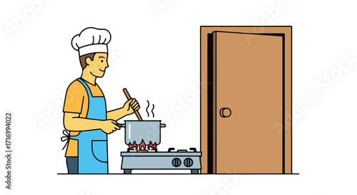 Whimsical kitchen scene featuring a young chef stirring a pot with a wooden spoon near an open door depicting culinary creativity and daily life