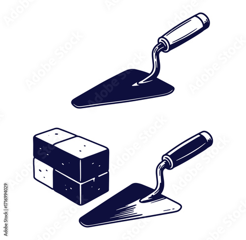 Construction themed illustration showcasing a trowel with building blocks and construction tools on white background