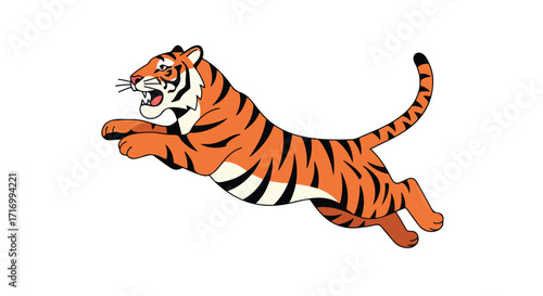 Cartoon vector illustration showcasing an animated tiger with a dynamic jumping pose expressing energy and wild nature depiction