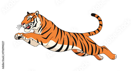 Dynamic depiction of a striped tiger in mid-leap, showcasing power and agility against a pristine white backdrop perfect for illustrative projects